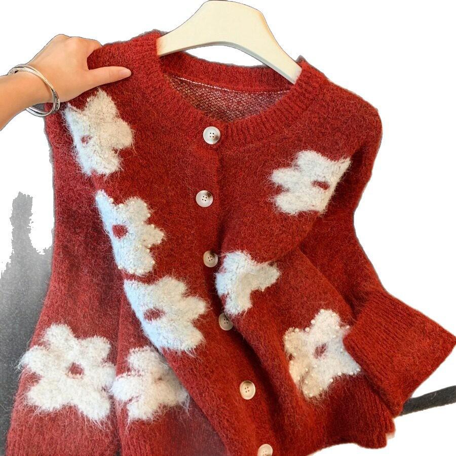 Korean Retro Floral Jacquard Knit Cardigan - Women's Autumn/Winter Loose Slimming Sweater Coat