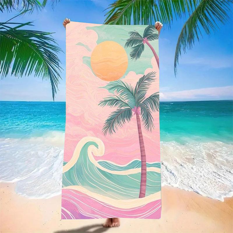 Dreamy Pastel Pink Sunset Microfiber Beach Towel Oversized Extra Large Aesthetic Coconut Tree Ocean Wave Blanket for Women Her