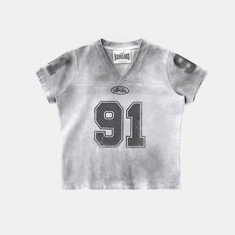 Korean Badblood BCAC Series Tie-Dye Distressed V-Neck Women s Retro T-Shirt 91 Print Short Sleeve Small