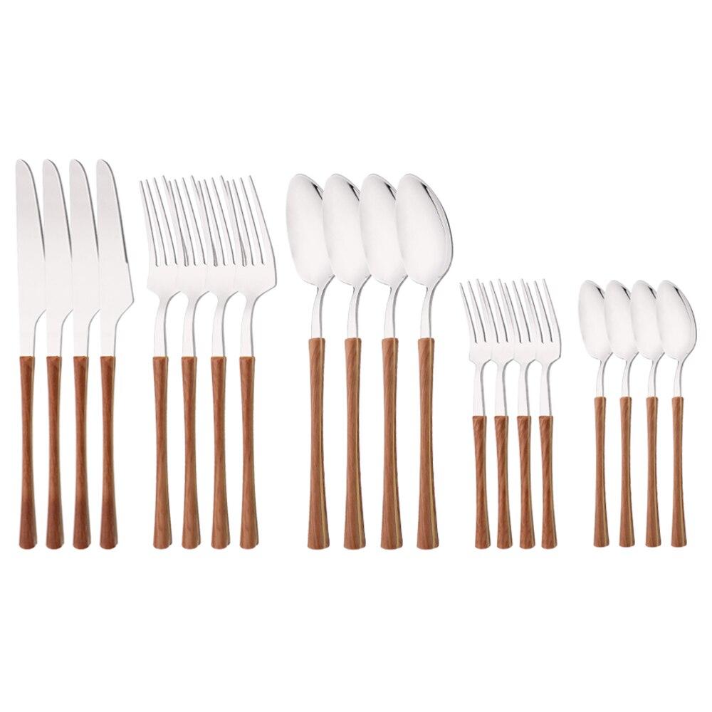 Brown Gold 20Pcs Stainless Steel Cutlery Set Knife Fork Coffee Spoon Dinnerware Imitation Wood Handle Tableware Kitchen Flatware
