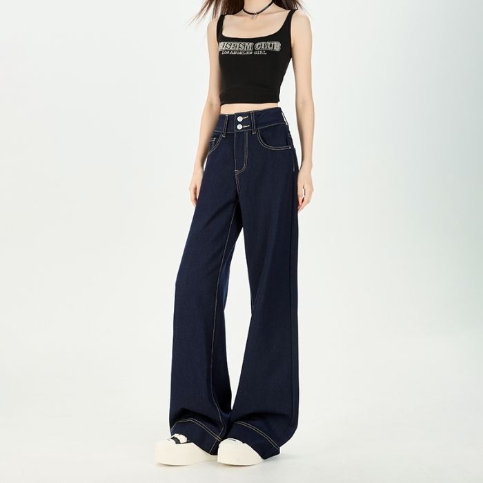 Spring Summer Wrinkle Resistant Four Way Stretch Non Cling Double Button Micro Flare Wide Leg Denim Pants Ladies Casual Pants Oversize Denim Trousers