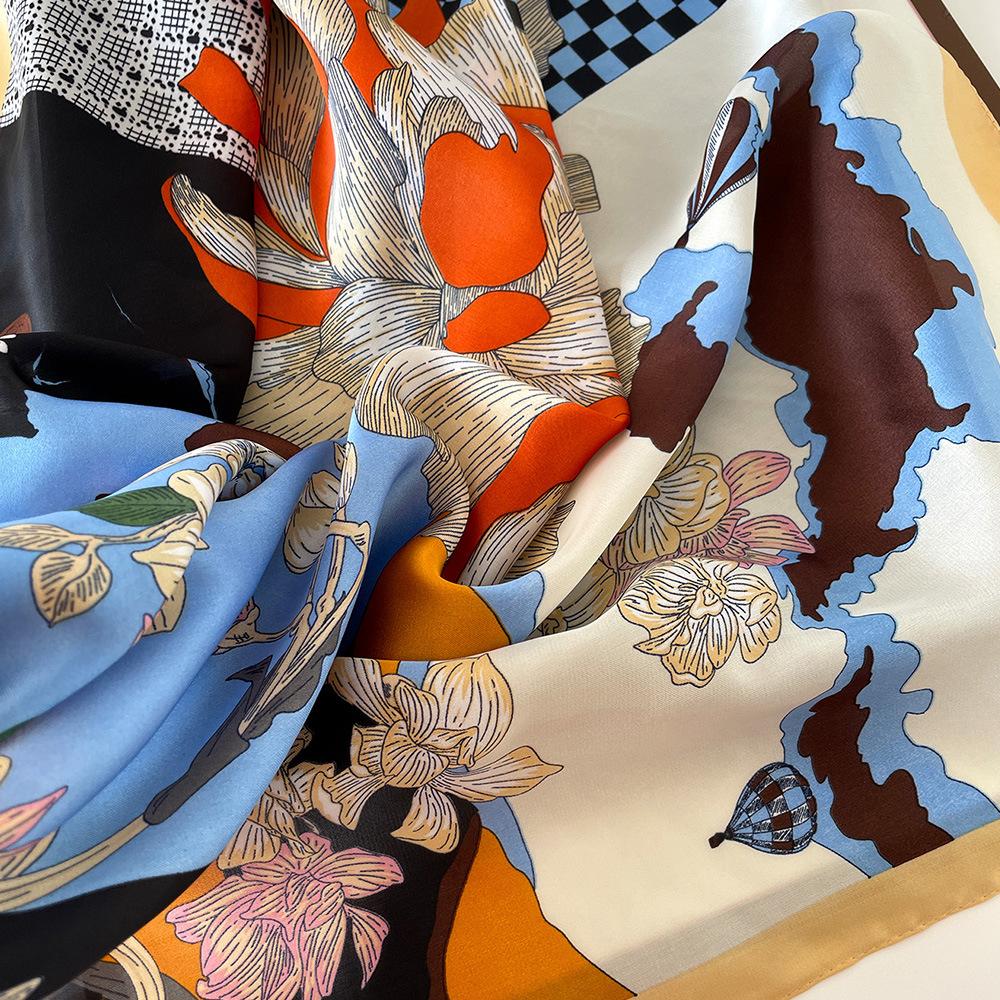 Literary and retro small square scarf geometric printing imitation silk scarf sun protection neck scarf versatile shirt professional scarf