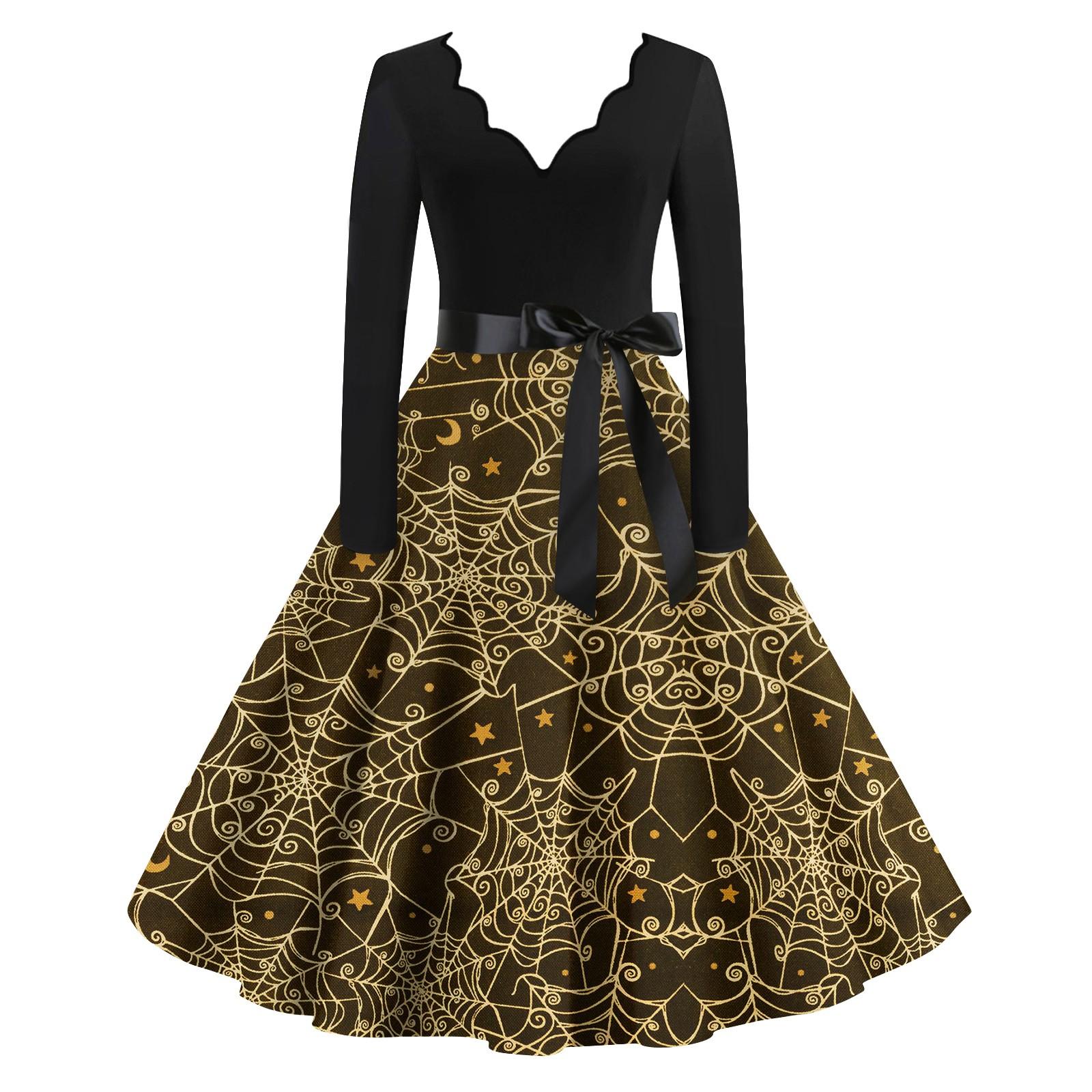 

Женские повседневные модные винтажные длинные платья с длинным рукавом на Хэллоуин и графическим принтом S коричневый