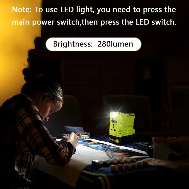 Portable Power Inverter 200W For Ryobi 18V Lithium Battery Generator With USB Type-c 280LM LED Light AC Jack