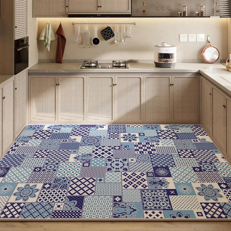 Rug for Kitchen Waterproof Floor Mat Pvc Leather Non-slip Carpet Large Blue Carpets Retro Classic Pattern Home Decoration Rugs
