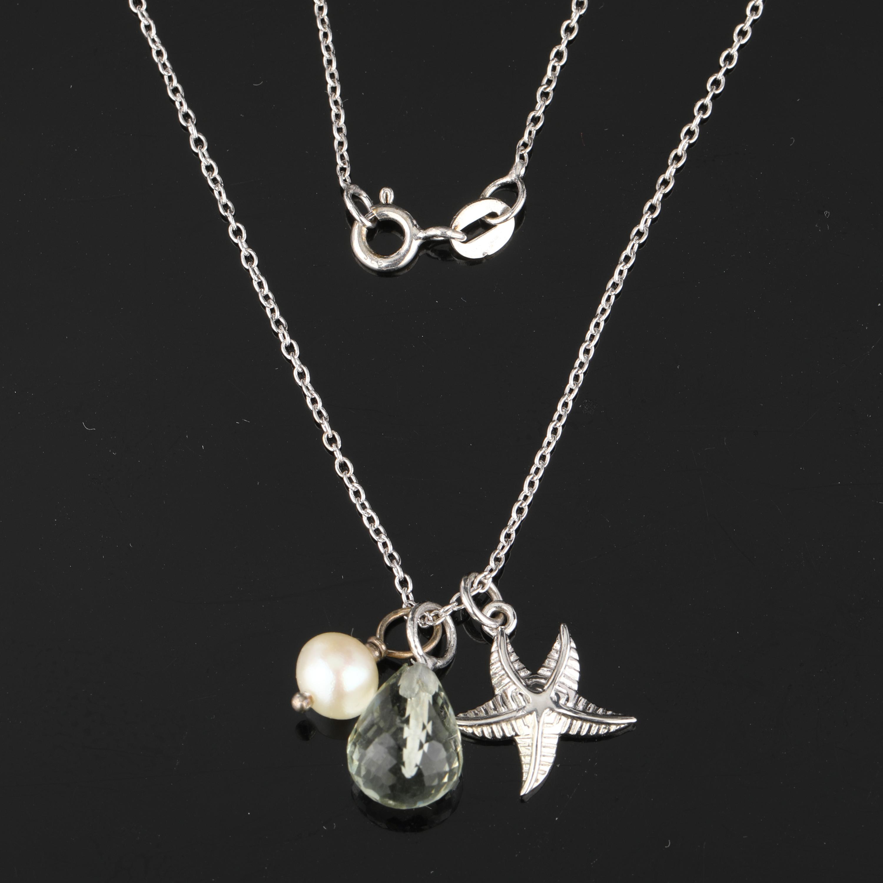 

Green Amethyst & Pearl Necklace 925 Sterling Silver Rhodium Jewelry Gift for Her срібний