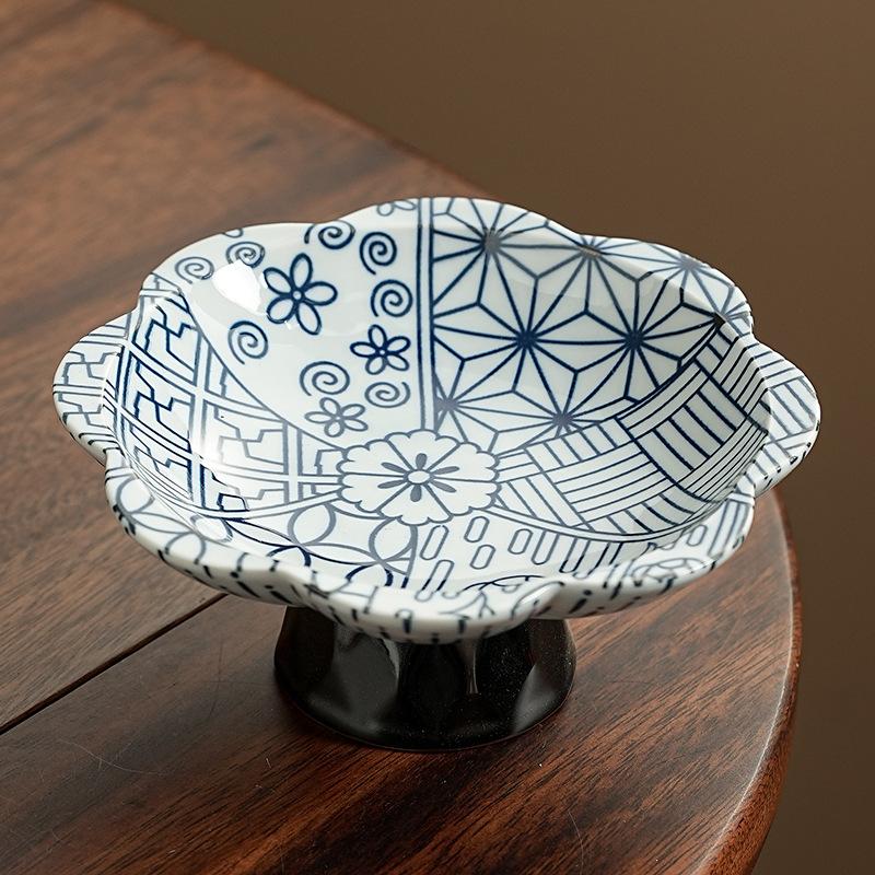 Blue and White Porcelain High Foot Dessert Plate Creative Ceramic Fruit Tray for Tea Room Dry Nuts Snacks Serving Tray