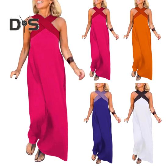 Dámské šaty s kříženým halterovým výstřihem bez rukávů Letní sexy šaty maxi A-linie s holými zády Odhalená ramena Boho dlouhé šaty