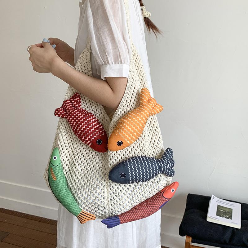 Design Sense Bag Women's Knitted Wool Knitted Splicing Vacation Leisure Portable Shoulder Tote Large Bag