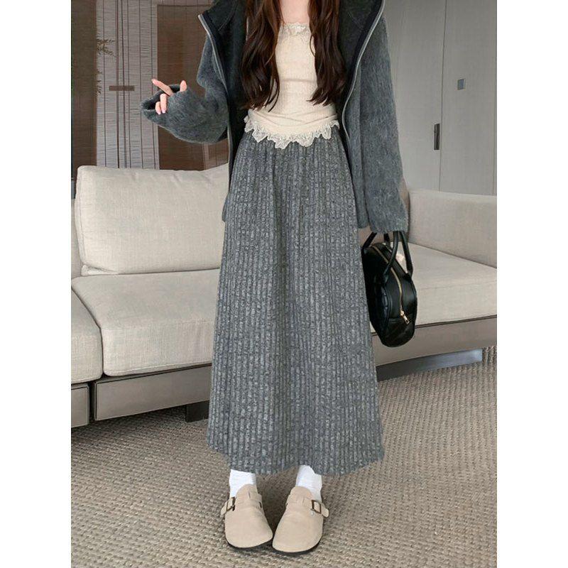 

Grey Plus-Velvet Petite A-Line Midi Skirt with Elastic Waist, Autumn/Winter 2024 Collection 2XL