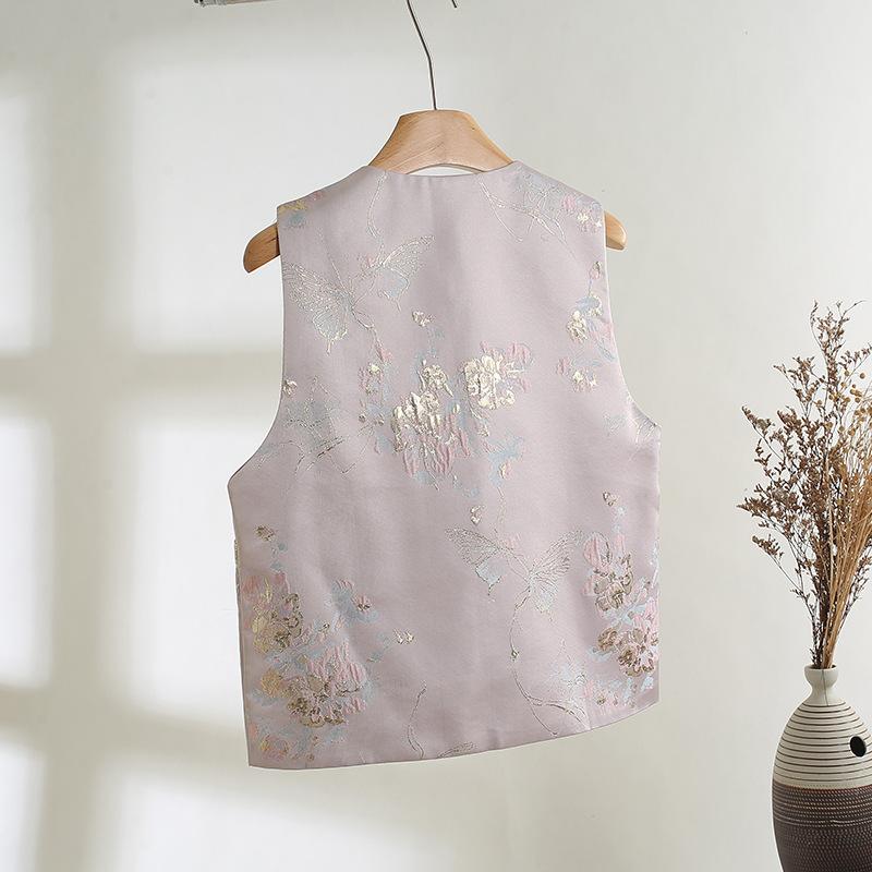 Single Round Neck Brocade Vest Retro Buckle Temperament Vest Woven Versatile