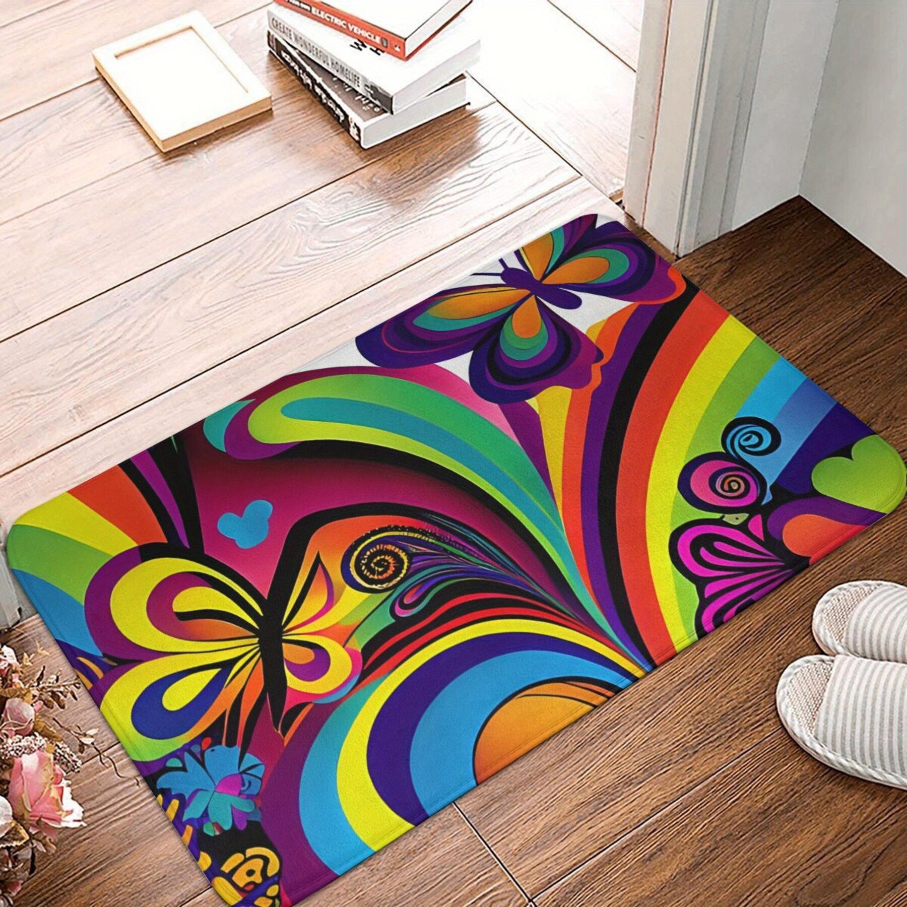 Dark Base Mat with Abstract Psychedelic Motifs: Butterfly, Flower and Swirl Patterns, Polyester Rug for Indoor Home Decor 40x60cm