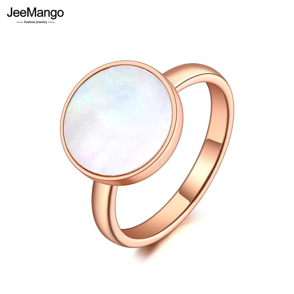 JeeMango Trendy Titanium Stainless Steel White Shell Party Ring Rose Gold Color Original Design Bohemia Ring For Women R20051