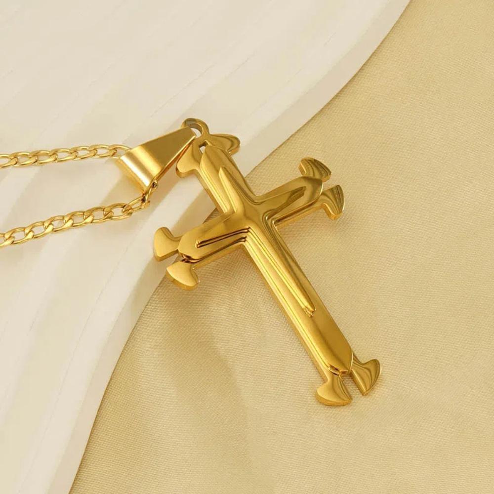 Gold Cross Men Necklace Double Ring Shape Cross Pendant Cross Necklaces Daily Wear Choker