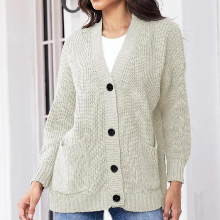Women's V-neck Solid Color Knitted Cardigan Loose Single-breasted Sweater for Spring and Autumn