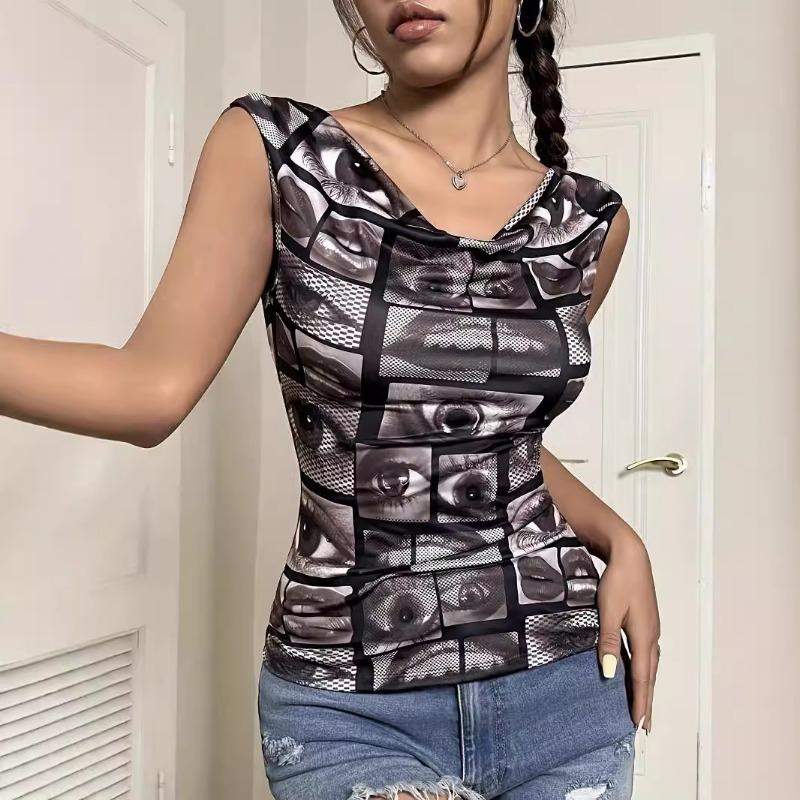 Dámské letní elegantní speciální potisk dutá bez zad bez rukávů tričko slim tenké topy