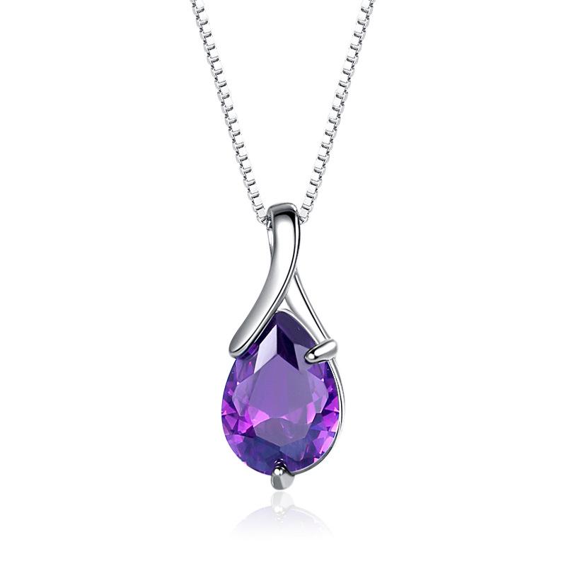 Amethyst Teardrop S925 Sterling Necklace - European Style Clavicle Chain for Women
