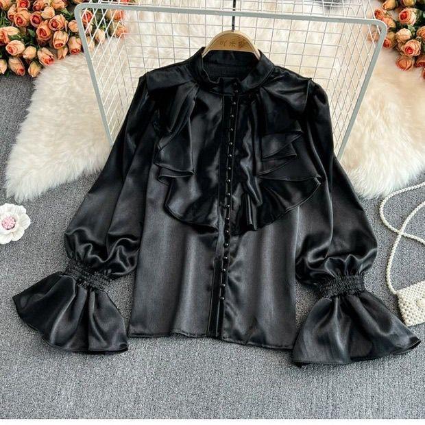 Vintage Solid Blouses Women Elegant Acetate Satin Stand Collar Flare Sleeve Design New Chic Sweet Loose Ruffles Female  Tops