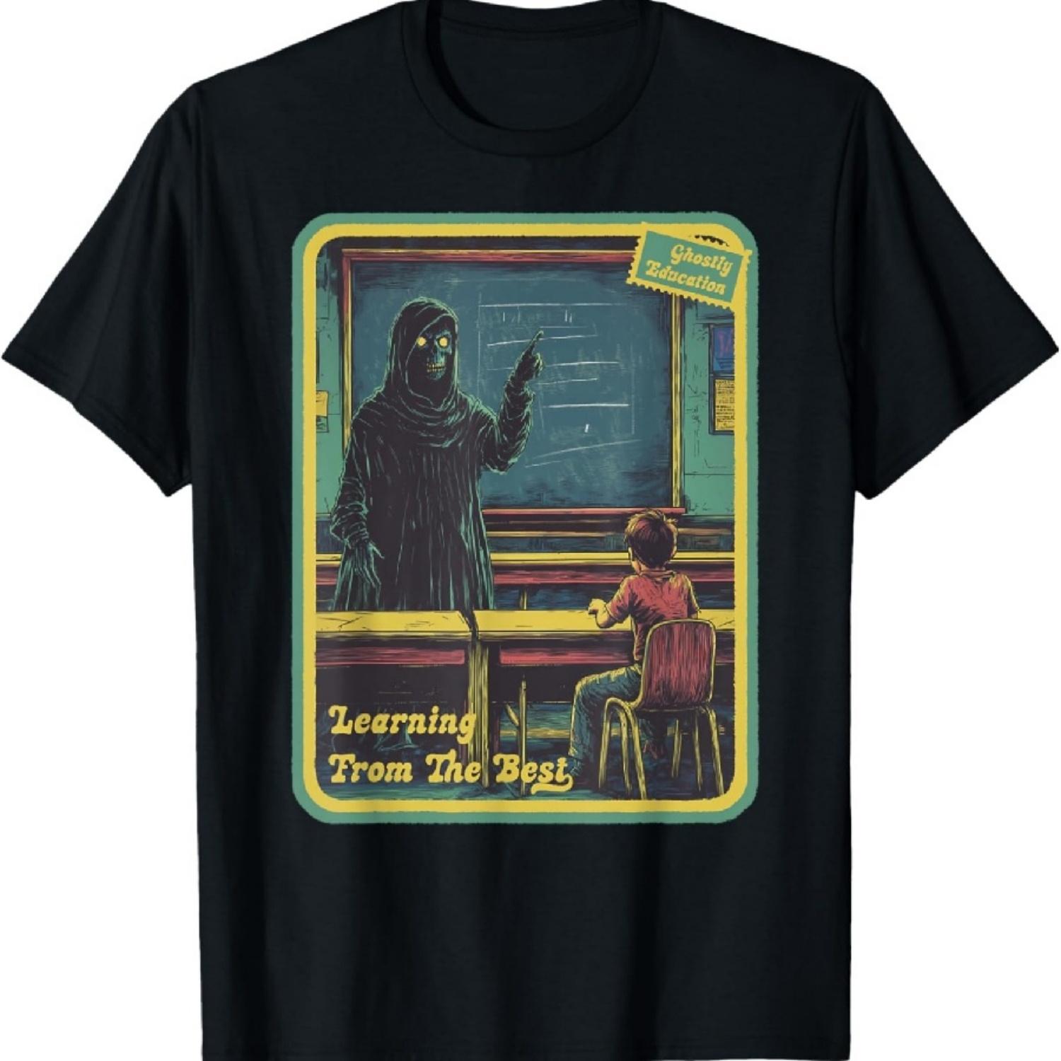 

Halloween Vintage Horror Retro Ghostly Teacher T-Shirt - Black, Unisex, Short Sleeve, Classic Fit, Small XXXXXL чорний