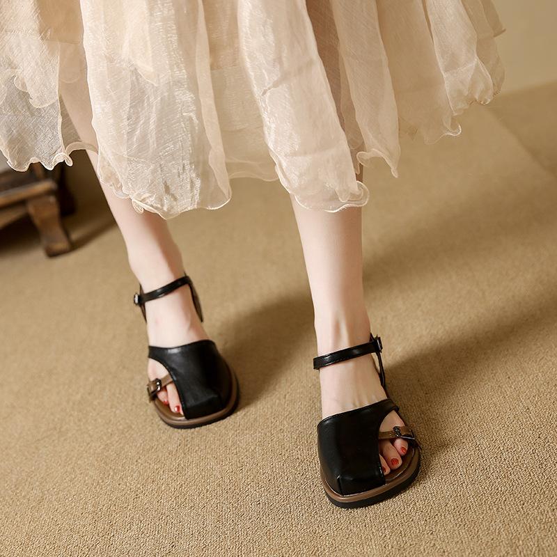 Beige Heeled Sandals Buckle Strap Comfort Shoes for Women Summer Black Flat Clear Low Fashion Closed Girls Fretwork