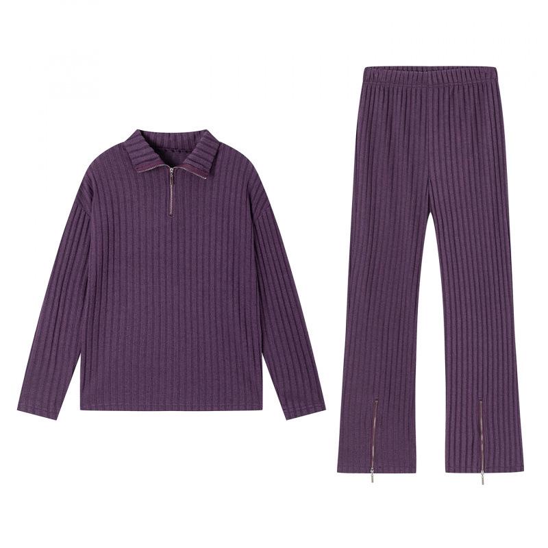 2025 Autumn/Winter Solid Color Knit Zipper Set - Women s High Neck Ribbed Two-Piece Loungewear 2XL фиолетовый