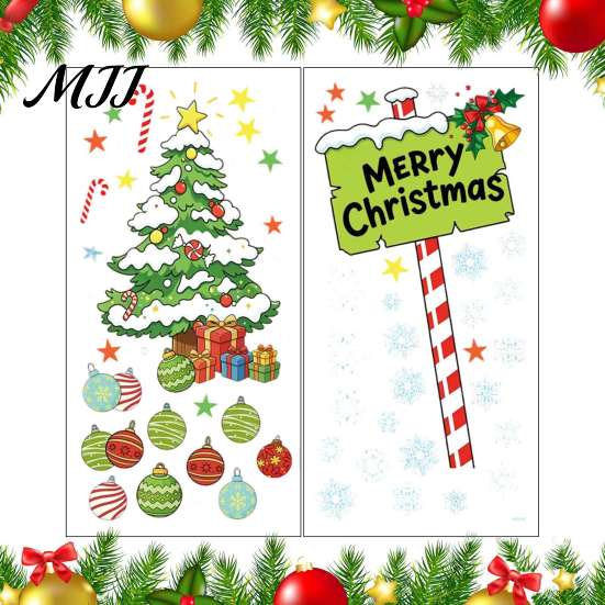 Snowflake Window Stickers 2Pcs Christmas Tree and Merry Sign Clings, PVC Static Glass Stickers, Reusable Decorations Holiday Decals with Star Colorful
