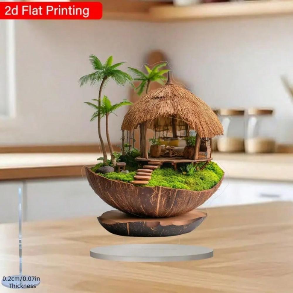 Retro grass house, 2D flat acrylic, tabletop decoration, ornaments, suitable for office, living room, party, Christmas, Halloween