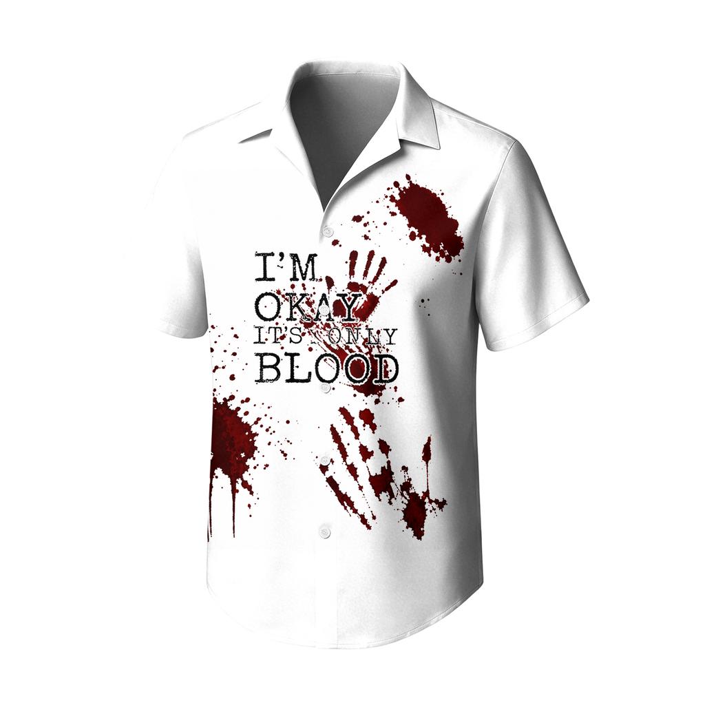 Men's Casual Short Sleeve Halloween Print Button Down Shirt