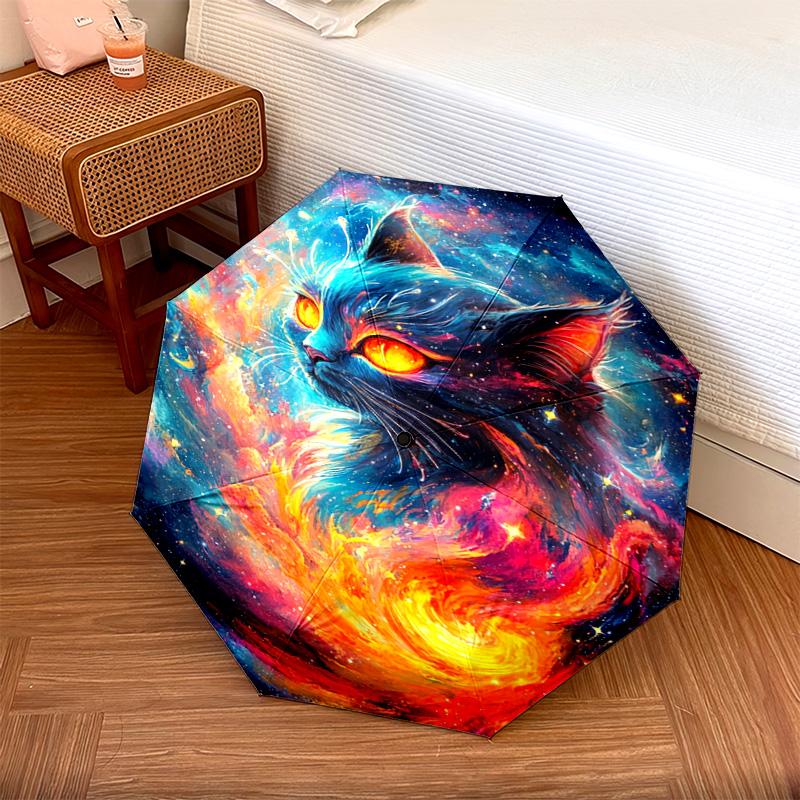 1 PC Automatic Folding Umbrella - Cosmic Cat Pattern, Portable & Foldable Design with 8 Ribs, Christmas Birthday Gifts
