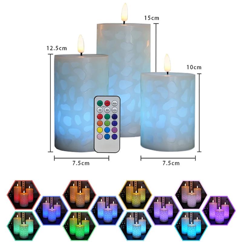 3-Pack Flameless LED Paraffin Wax Candles Battery Operated Remote Timer Emboss Window Light DIY Outdoor Indoor atmosphere Lamp
