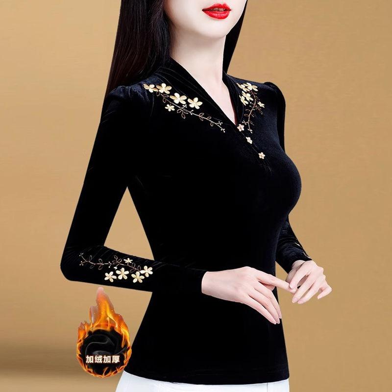 Velvet Thickened Black Gold Bottoming Shirt for Women New Autumn and Winter Western Style Inner Top
