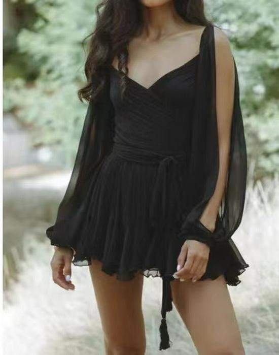 2026 Spring Women's Hollow Lantern Sleeve V-Neck Off-the-Shoulder Mini Dress