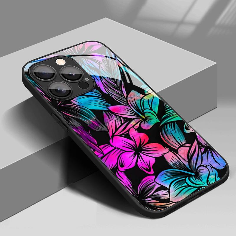 Colorful Hibiscus Leaves Pattern Tempered Glass Phone Case For iPhone 17 16 15 14 13 12 11 Pro Max 17 Air 7 8 Plus XR XS X Cover