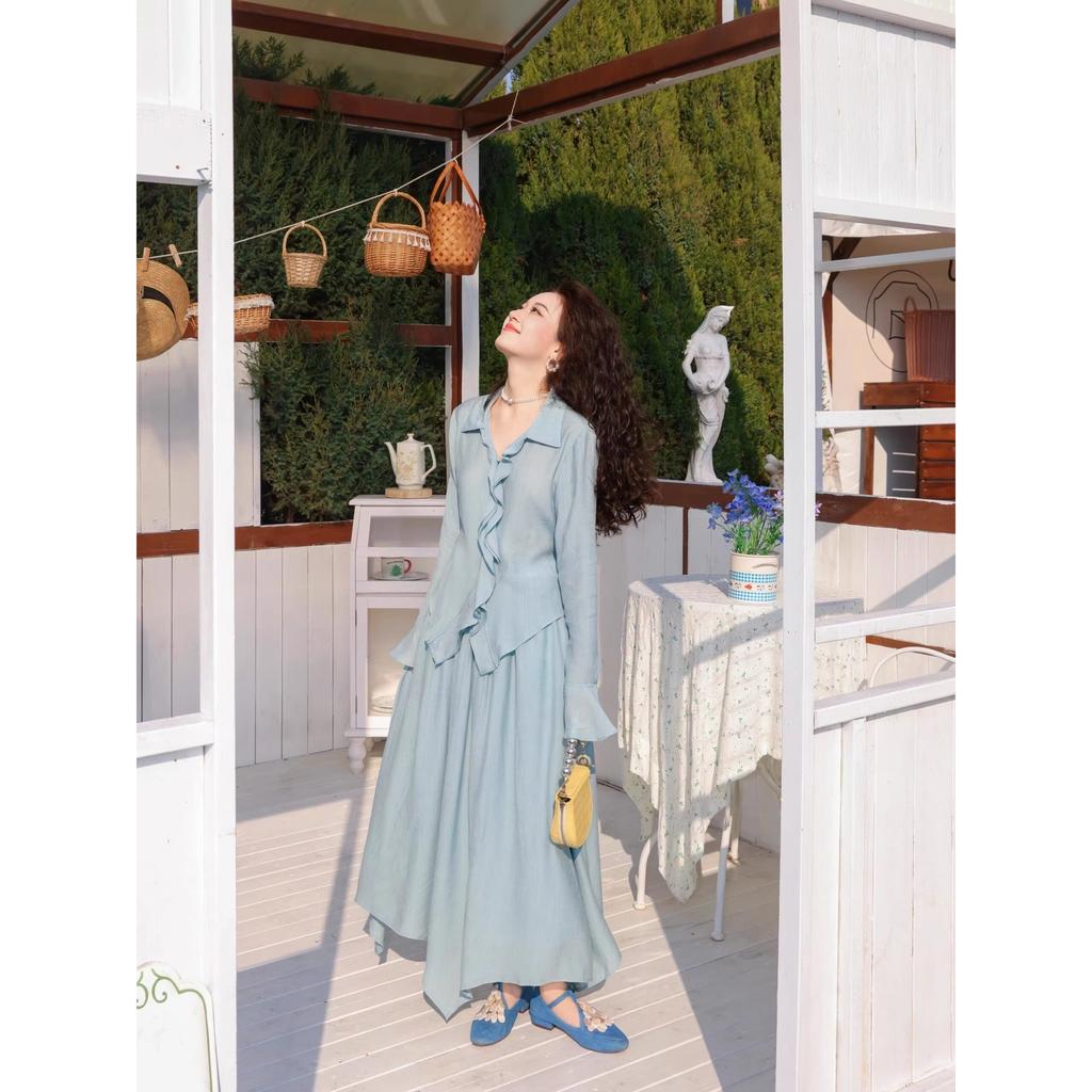 Early autumn French gentle wind long-sleeved dress women's summer high-end long dress two-piece set