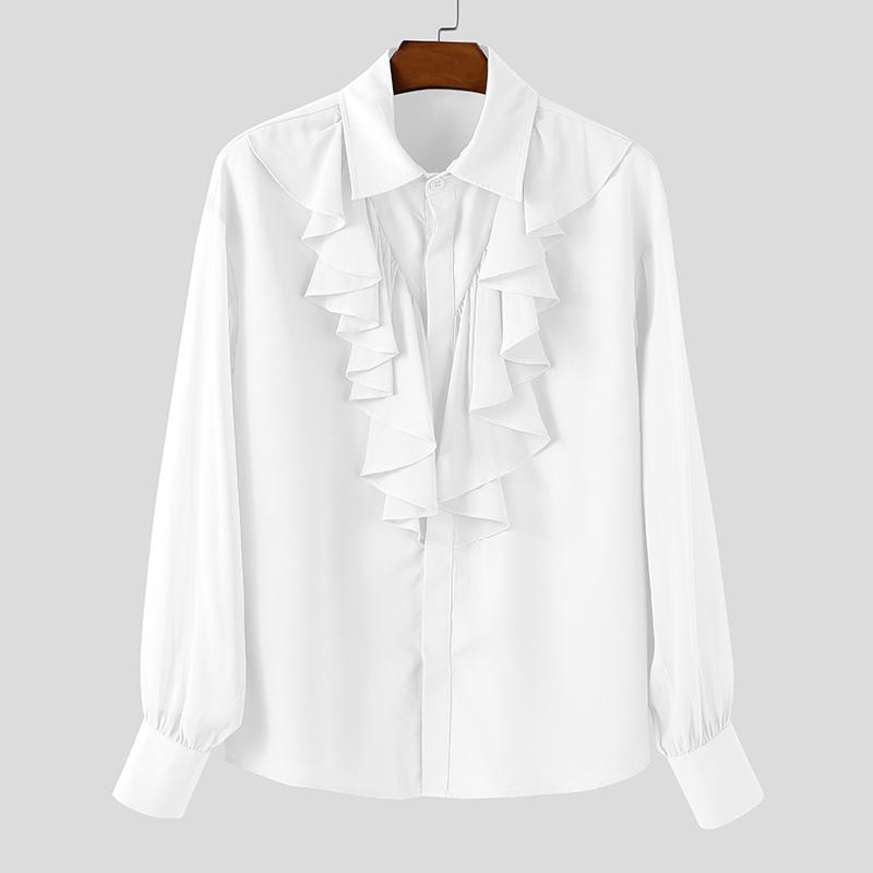 INCERUN Oversized Elegant Men Multi-layered Neck Long Sleeve Ruffled Casual Loose Shirts