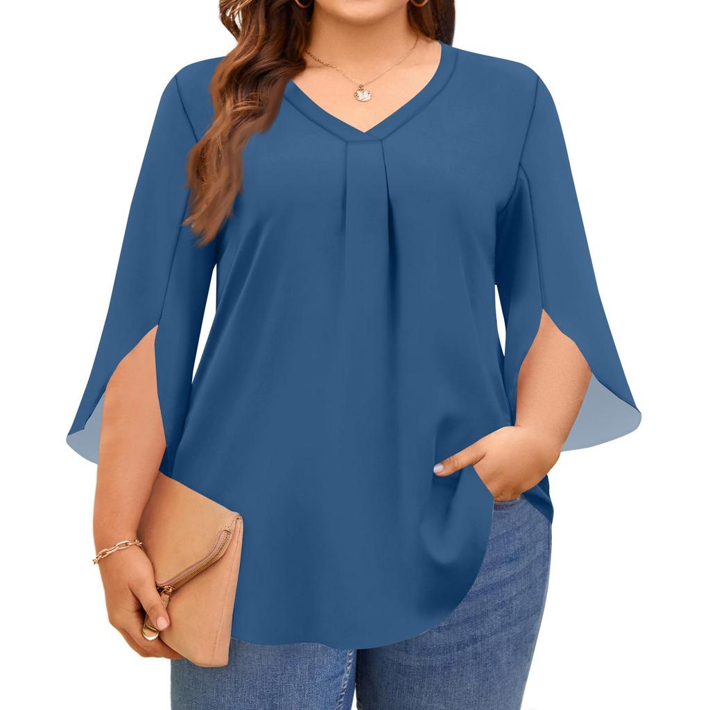 Women's Solid Color V-neck Plus Size Tops 3/4 Sleeves Elegant Shirt Tops