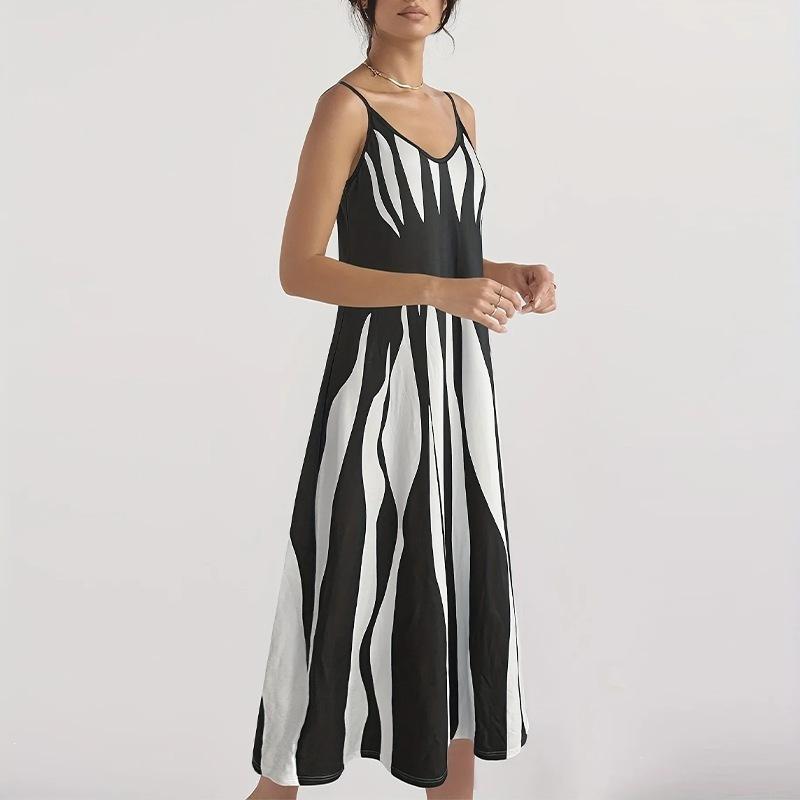 Women's Striped V-Neck Beach Dress Summer Sexy Stretchy Polyester Spandex Sleeveless Swimwear Cover Up Resort Wear Long Dress