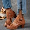 Summer Cut-out Heeled Sandals Women's 2025 New Thick-heeled Plus-size Buckle Roman Sandals
