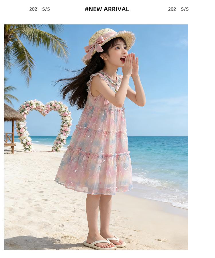 Girls' Summer Tank Top Skirt 2026 New Style Children's Sweet Little Girl Seaside Sprinkle Silver Flower Flying Sleeve Dress