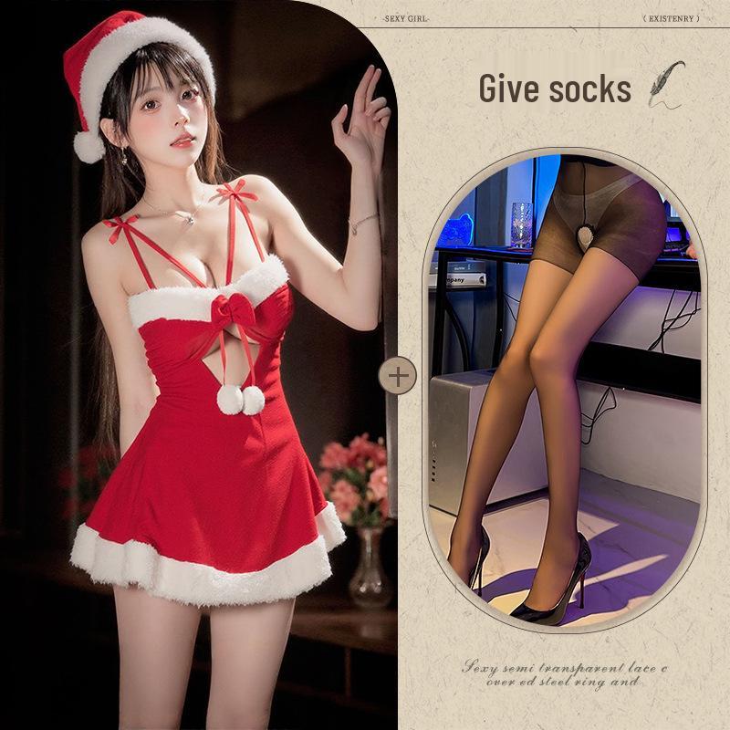 Velvet Christmas Lingerie Nightgown with Role Play Robe Set