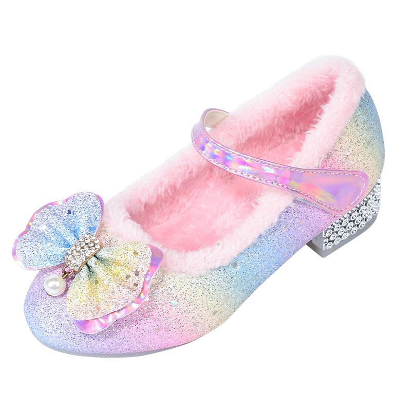 Girls' 2025 Korean Style Princess High Heel Leather Shoes with Colorful Sequins