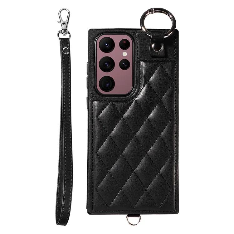

Card Bag 009 for Samsung Galaxy S22 Ultra 5G Case Leather+TPU Phone Cover Hanging Ring - Black
