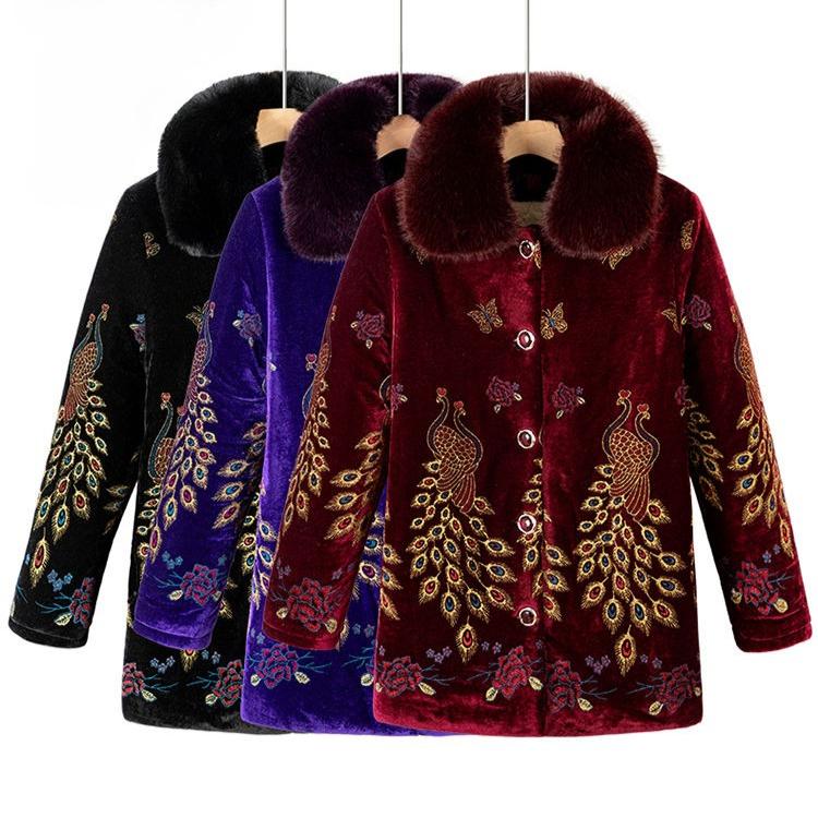 Winter Warm Fleece Lined Coat for Middle Aged Women Thickened Printed Cotton Clothes