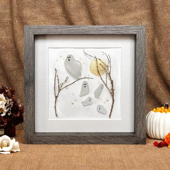 Thrilling Flying Ghost Sea Glass Art Handmade Halloween Mini Ghost Scene Wall Decor Unique Sea Glass Artwork Gift