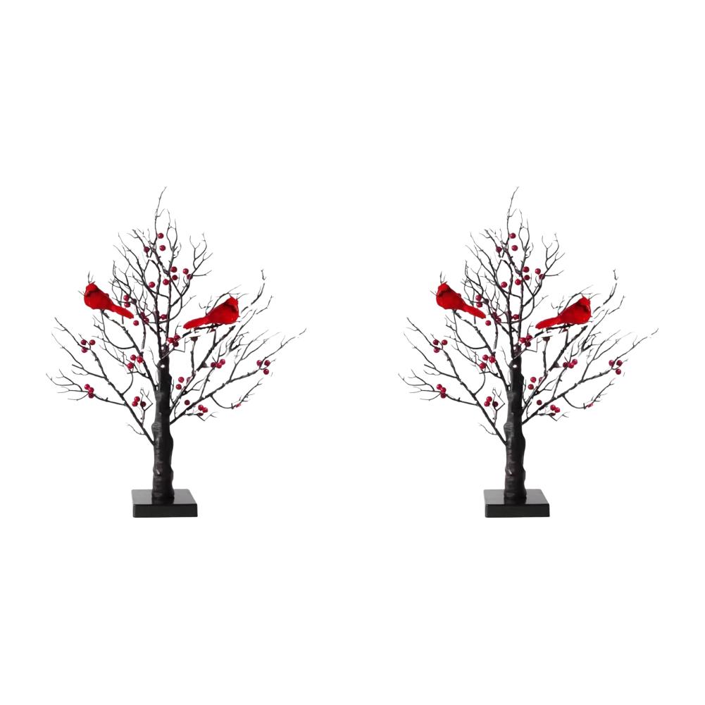 LED Vintage Glowing Tree W/ Cardinals Artificial Birch Lighting With Red Berry & Bird Parrots Twinkle Tree Lamp Xmas Party Decor