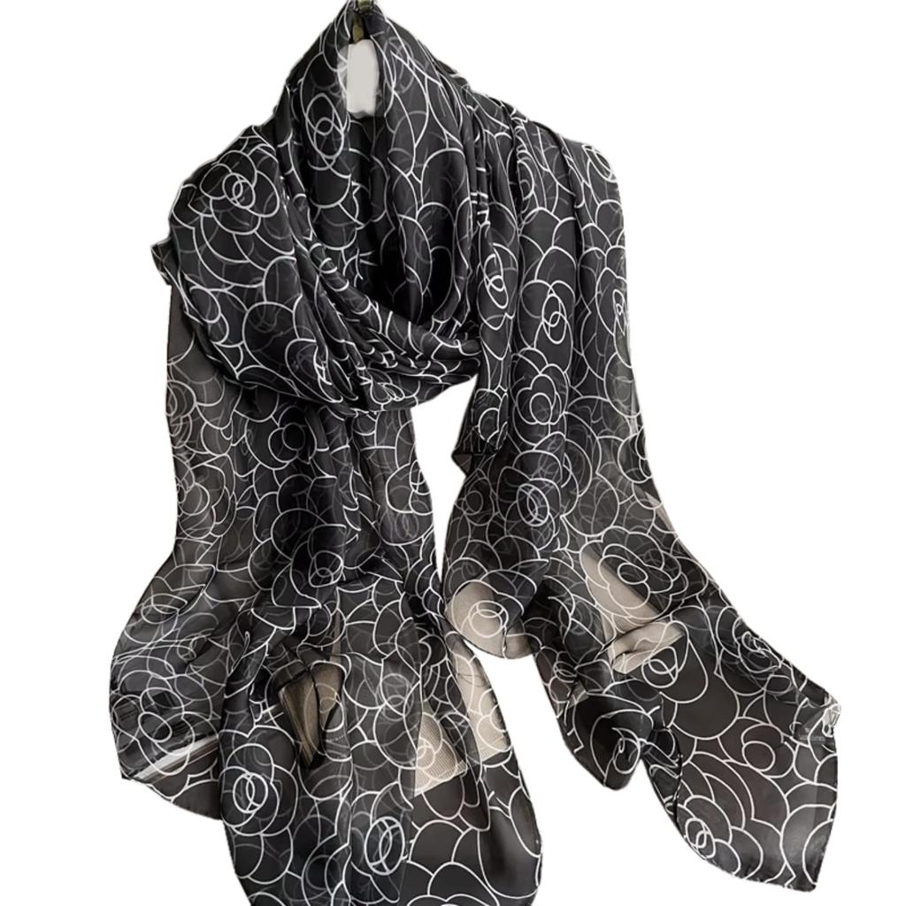 Black Scarf with White Floral Outline - Elegance and Lightness