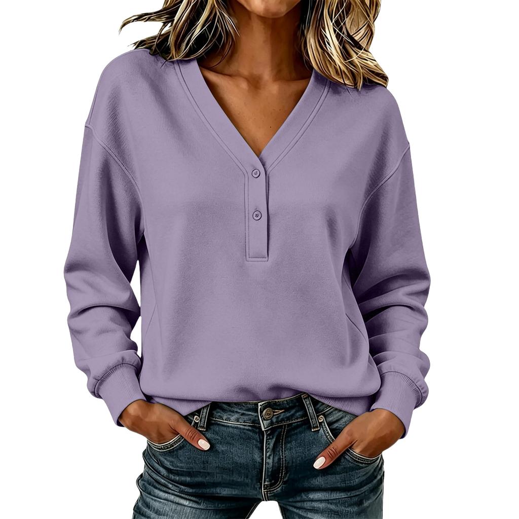 Women's Casual Long Sleeve Pullover Sweatshirt with V-Neck and Button, Loose Fit