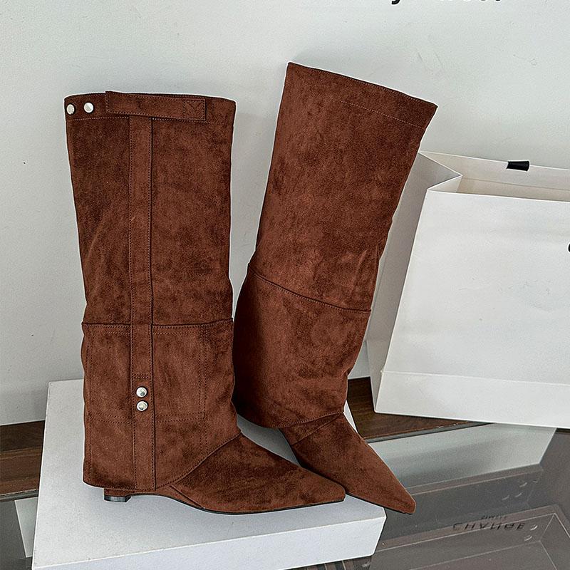 Fashion Pointed Toe Ladies Knee High Modern Boots With Wedges Shoes Fashion Flock Women Long Boots Female Low Heel Shoes Pumps lady
