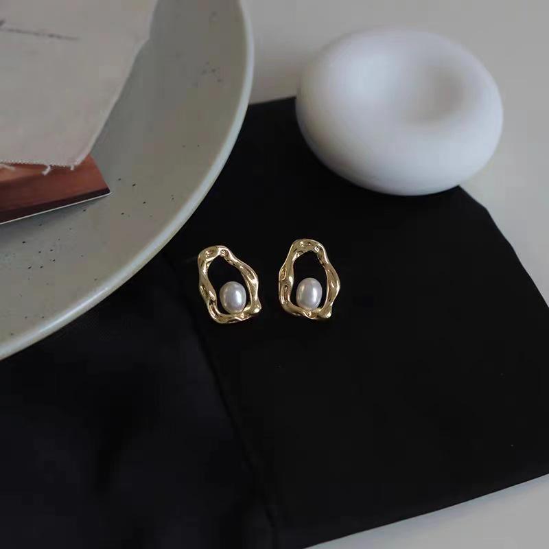Elegant French Irregular Oval Pearl Stud Earrings