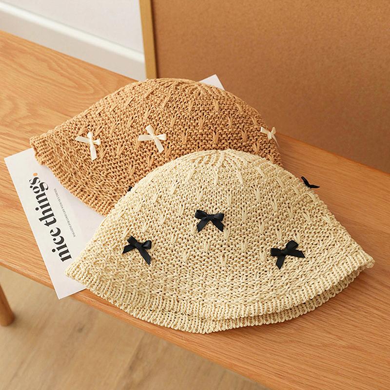 Stylish Foldable Uv Protection Straw Bucket Hat With Mini Bow Handmade Beach Sun Hat For Women Vacation Outdoor Activities